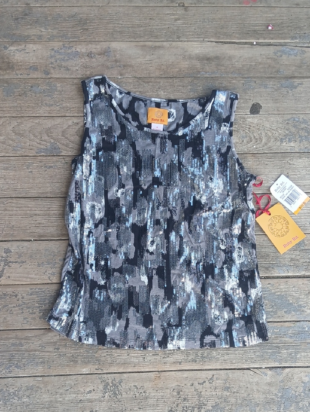 Ruby Rd. Black, Sequined Gray & Light Blue Patterned Sleeveless Top